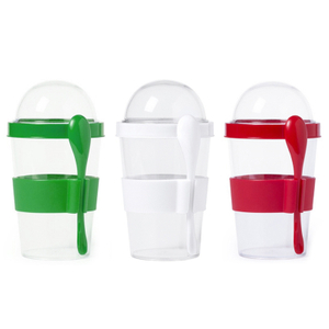 Maßgeschneiderter Großhandels-Plastikmilch-Haferflockenbecher mit Löffel